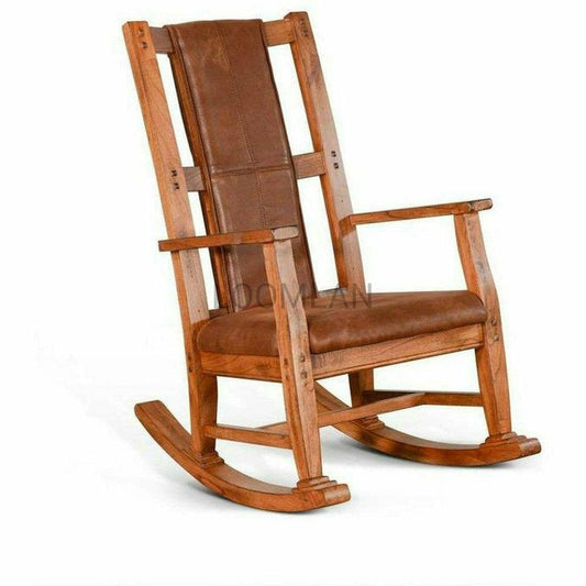 Rustic Oak Tan Vegan Leather Upholstered Solid Wood Rocker Chair - Sideboards and Things Accents_Natural, Brand_Sunny Designs, Color_Brown, Color_Tan, Features_Exposed Wood, Features_Rocking, Finish_Distressed, Game Room, Legs Material_Wood, Product Type_Rocker Chair, Upholstery Type_Vegan Leather