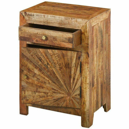 Rustic Sunburst Pattern Small Accent Cabinet 1 Drawer Rustic Sun - Sideboards and Things Brand_LOOMLAN Home, Features_Metal Inlay, Features_Repurposed Materials, Features_With Drawers, Finish_Distressed, Finish_Natural, Finish_Rustic, Height_40-50, Legs Material_Wood, Materials_Reclaimed Wood, Materials_Wood, Shelf Material_Wood, Width_80-90, Wood Species_Mango