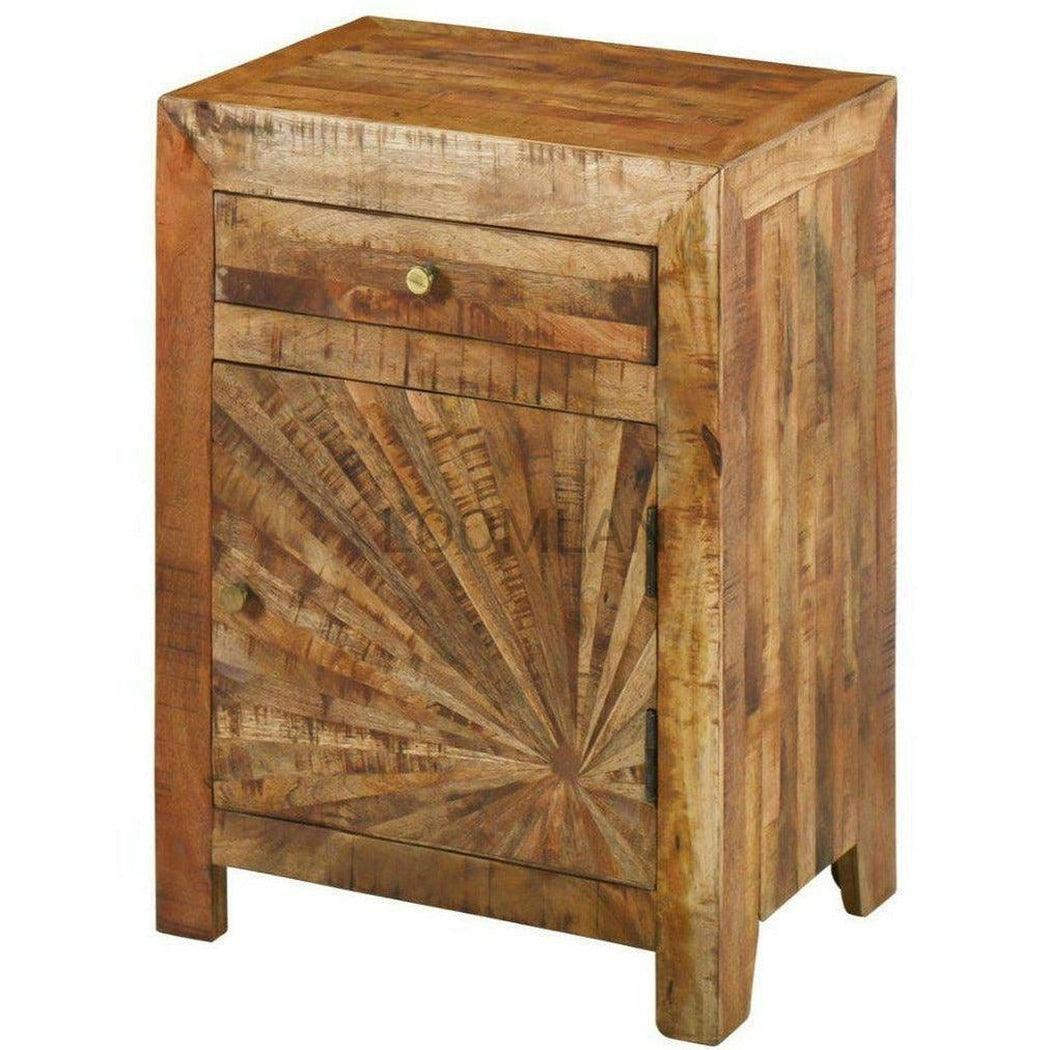 Rustic Sunburst Pattern Small Accent Cabinet 1 Drawer Rustic Sun - Sideboards and Things Brand_LOOMLAN Home, Features_Metal Inlay, Features_Repurposed Materials, Features_With Drawers, Finish_Distressed, Finish_Natural, Finish_Rustic, Height_40-50, Legs Material_Wood, Materials_Reclaimed Wood, Materials_Wood, Shelf Material_Wood, Width_80-90, Wood Species_Mango