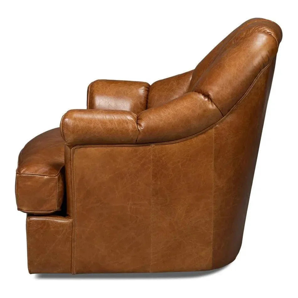 Scoth Wood & Leather Brown Swivel Arm Chair - LOOMLAN - Sarreid - Club Chairs