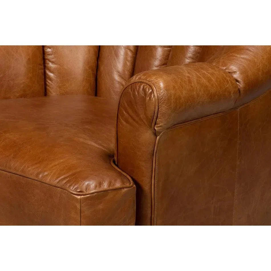 Scoth Wood & Leather Brown Swivel Arm Chair - LOOMLAN - Sarreid - Club Chairs