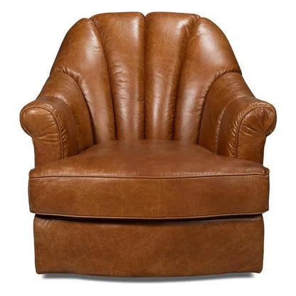 Scoth Wood & Leather Brown Swivel Arm Chair - LOOMLAN - Sarreid - Club Chairs