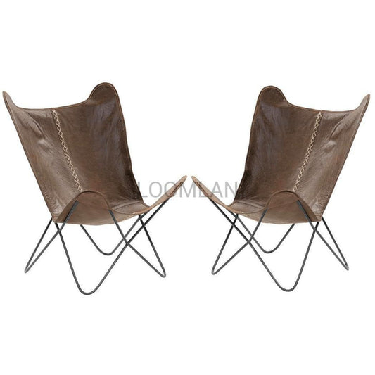 Set of 2 Brown Leather Paxton Butterfly Accent Chairs - Sideboards and Things Brand_LOOMLAN Home, Color_Brown, Legs Material_Metal, Materials_Metal, Materials_Upholstery, Metal Type_Iron, Number of Pieces_2PC Set, Product Type_Lounge Chair, Product Type_Occasional Chair, Upholstery Type_Leather, Upholstery Type_Top Grain Leather