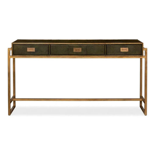 Sarreid Shagreen Console Table Drawers Leaf Green Leather
