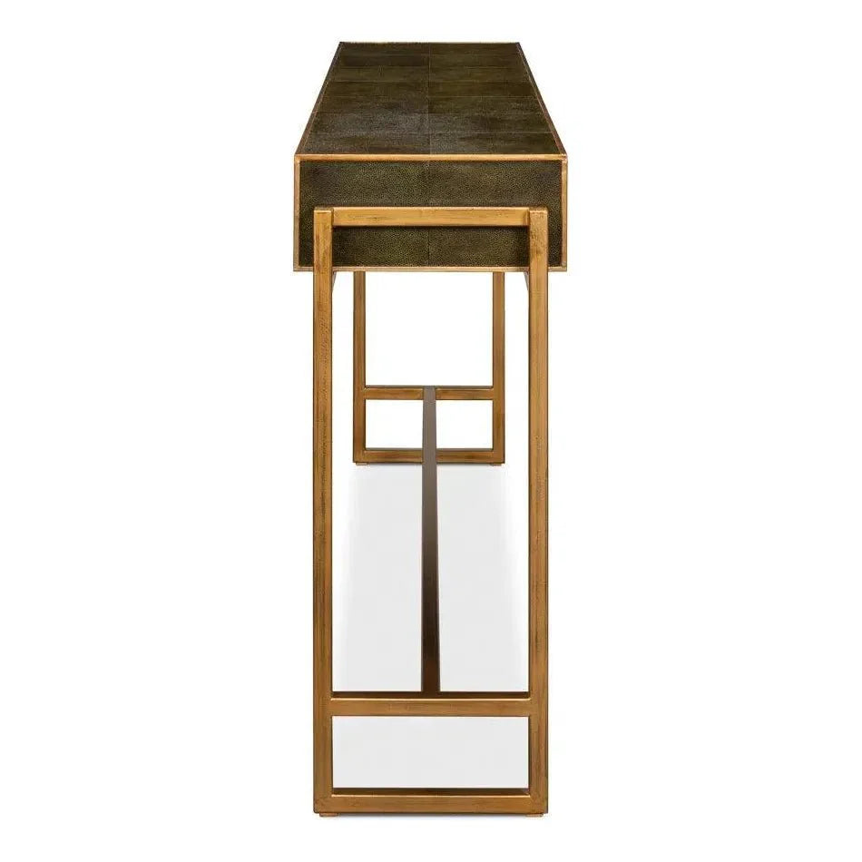 Shagreen Console Table Drawers Leaf Green Leather - LOOMLAN - Sarreid - Console Tables