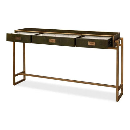 Shagreen Console Table Drawers Leaf Green Leather - LOOMLAN - Sarreid - Console Tables