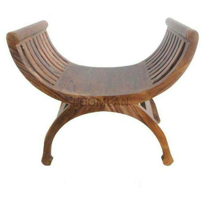 Sheesham Wood Scooped Seat Accent Chair or Footstool - Sideboards and Things Brand_LOOMLAN Home, Features_Handmade, Features_Handmade/Handcarved, Features_Repurposed Materials, Game Room, Materials_Upholstery, Materials_Wood, Product Type_Stool, Wood Species_Teak