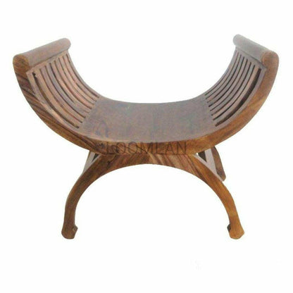 Sheesham Wood Scooped Seat Accent Chair or Footstool - Sideboards and Things Brand_LOOMLAN Home, Features_Handmade, Features_Handmade/Handcarved, Features_Repurposed Materials, Game Room, Materials_Upholstery, Materials_Wood, Product Type_Stool, Wood Species_Teak