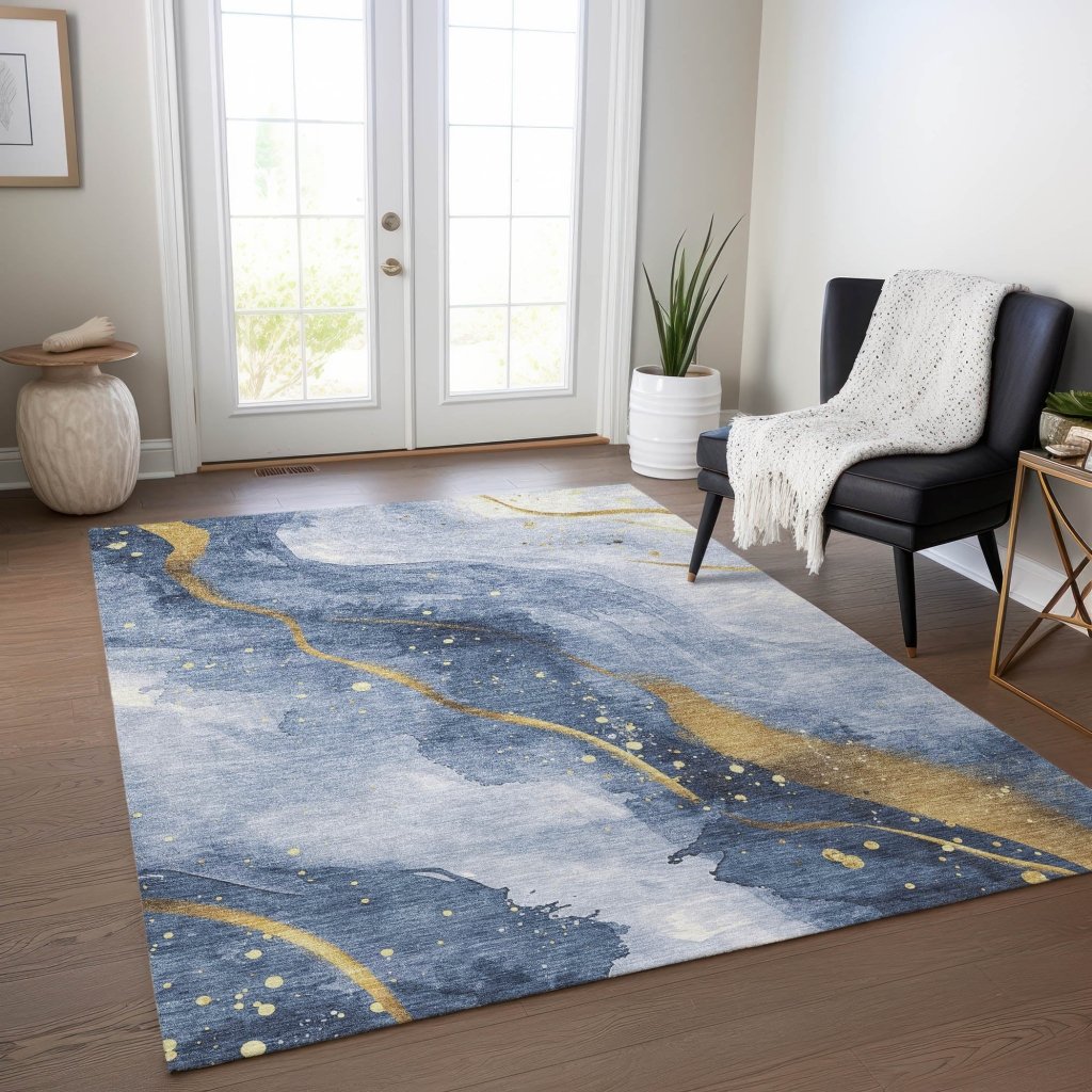 LOOMLAN Rugs Silavie Blue Washable Indoor-Outdoor Rug