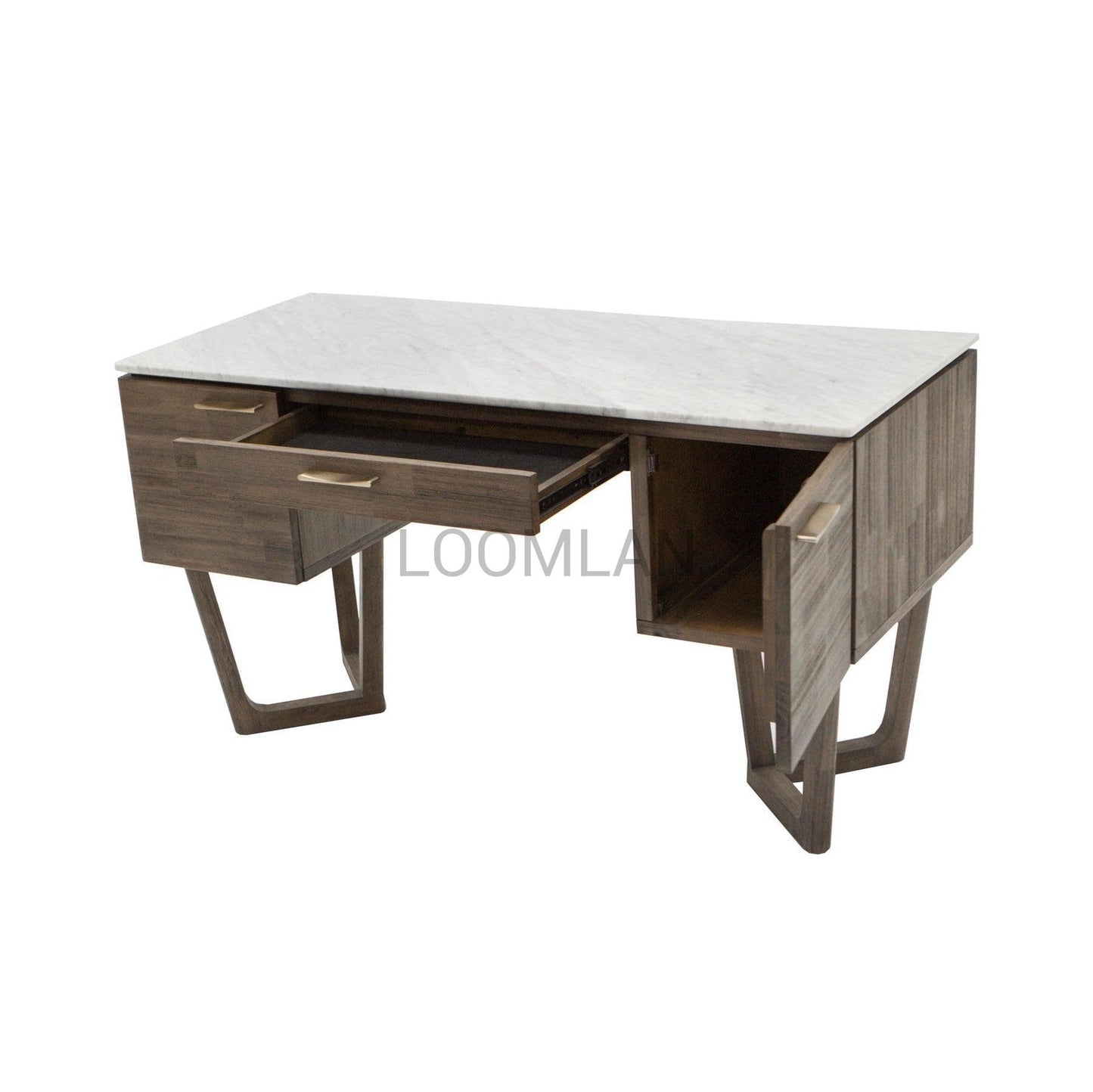 Solid Wood and Carrera Marble Mid-Century Desk Aura Writing Desk - Sideboards and Things Brand_LH Imports, Color_Brown, Features_Stone Top, Features_With Drawers, Materials_Stone, Materials_Wood, Stone Type_Carrara, Stone Type_Marble, Wood Species_Acacia