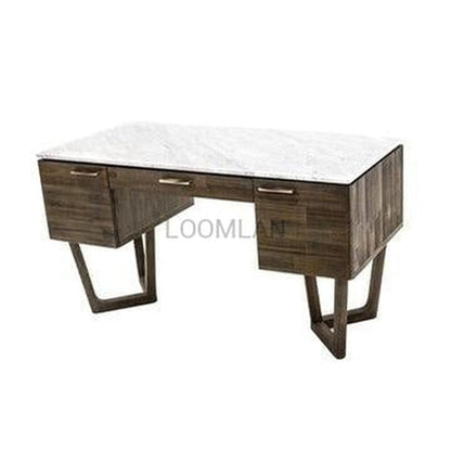 Solid Wood and Carrera Marble Mid-Century Desk Aura Writing Desk - Sideboards and Things Brand_LH Imports, Color_Brown, Features_Stone Top, Features_With Drawers, Materials_Stone, Materials_Wood, Stone Type_Carrara, Stone Type_Marble, Wood Species_Acacia