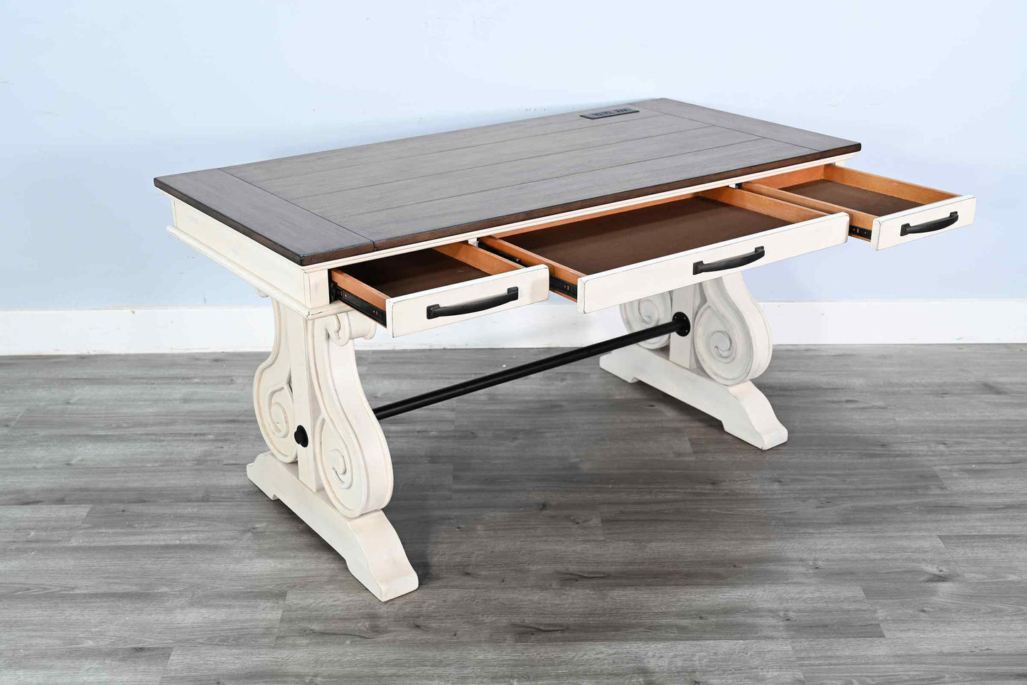 Timberline Three Drawers Wood Desk with Power Strip