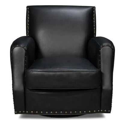 Taft Wood and Leather Black Swivel Arm Chair - LOOMLAN - Sarreid - Club Chairs