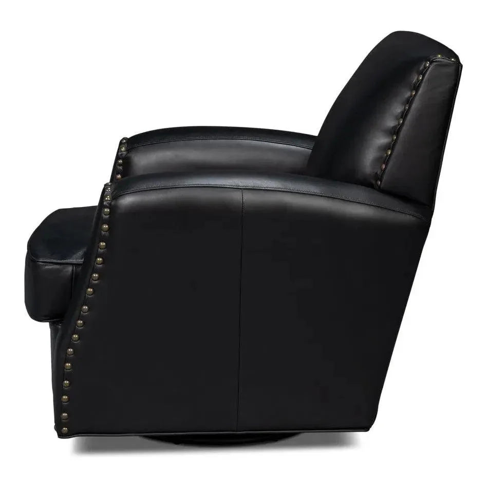 Taft Wood and Leather Black Swivel Arm Chair - LOOMLAN - Sarreid - Club Chairs