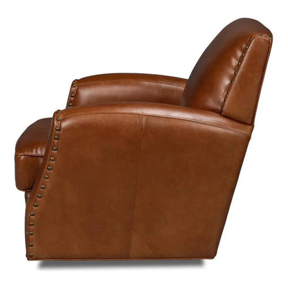 Sarreid Taft Wood and Leather Brown Swivel Arm Chair