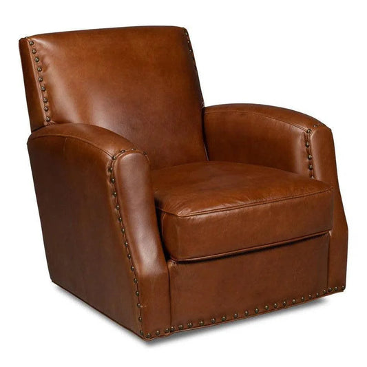 Sarreid Taft Wood and Leather Brown Swivel Arm Chair