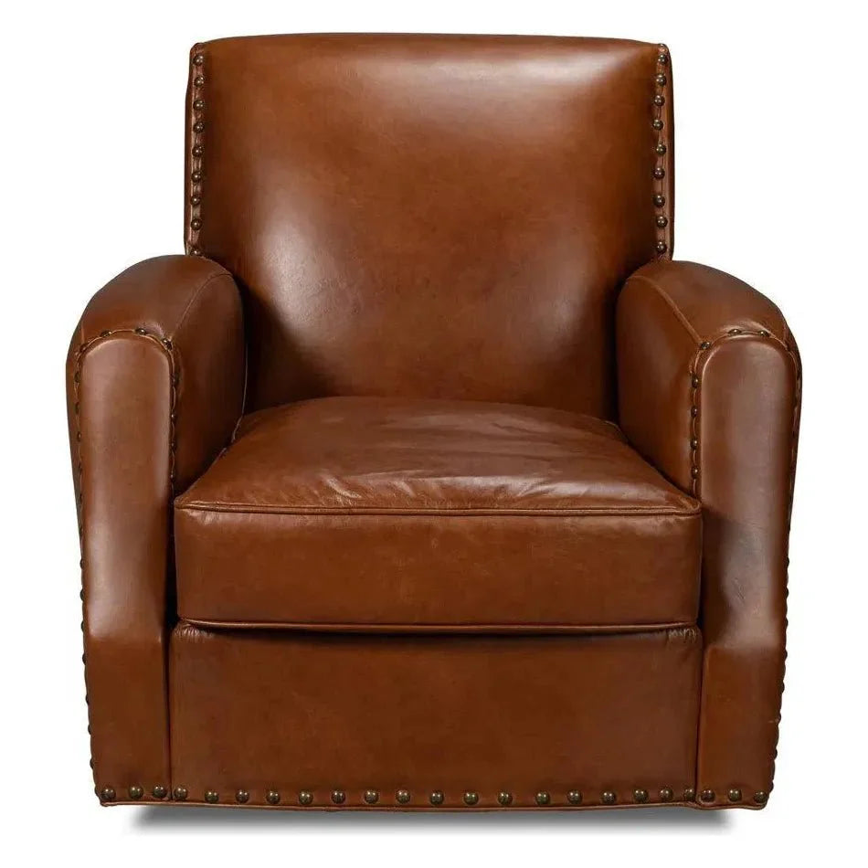 Sarreid Taft Wood and Leather Brown Swivel Arm Chair