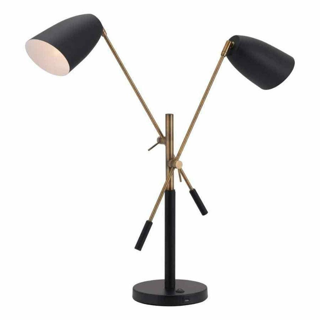 Tanner Table Lamp Matte Black & Brass - Sideboards and Things Accents_Brass, Brand_Zuo Modern, Color_Black, Depth_0-10, Features_USB Port, Finish_Hand Painted, Height_20-30, Materials_Metal, Metal Type_Steel, Product Type_Table Lamp, Width_30-40