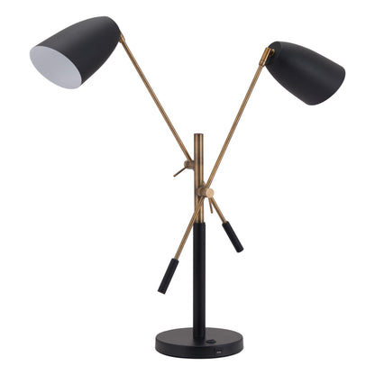 Tanner Table Lamp Matte Black & Brass - Sideboards and Things Accents_Brass, Brand_Zuo Modern, Color_Black, Depth_0-10, Features_USB Port, Finish_Hand Painted, Height_20-30, Materials_Metal, Metal Type_Steel, Product Type_Table Lamp, Width_30-40