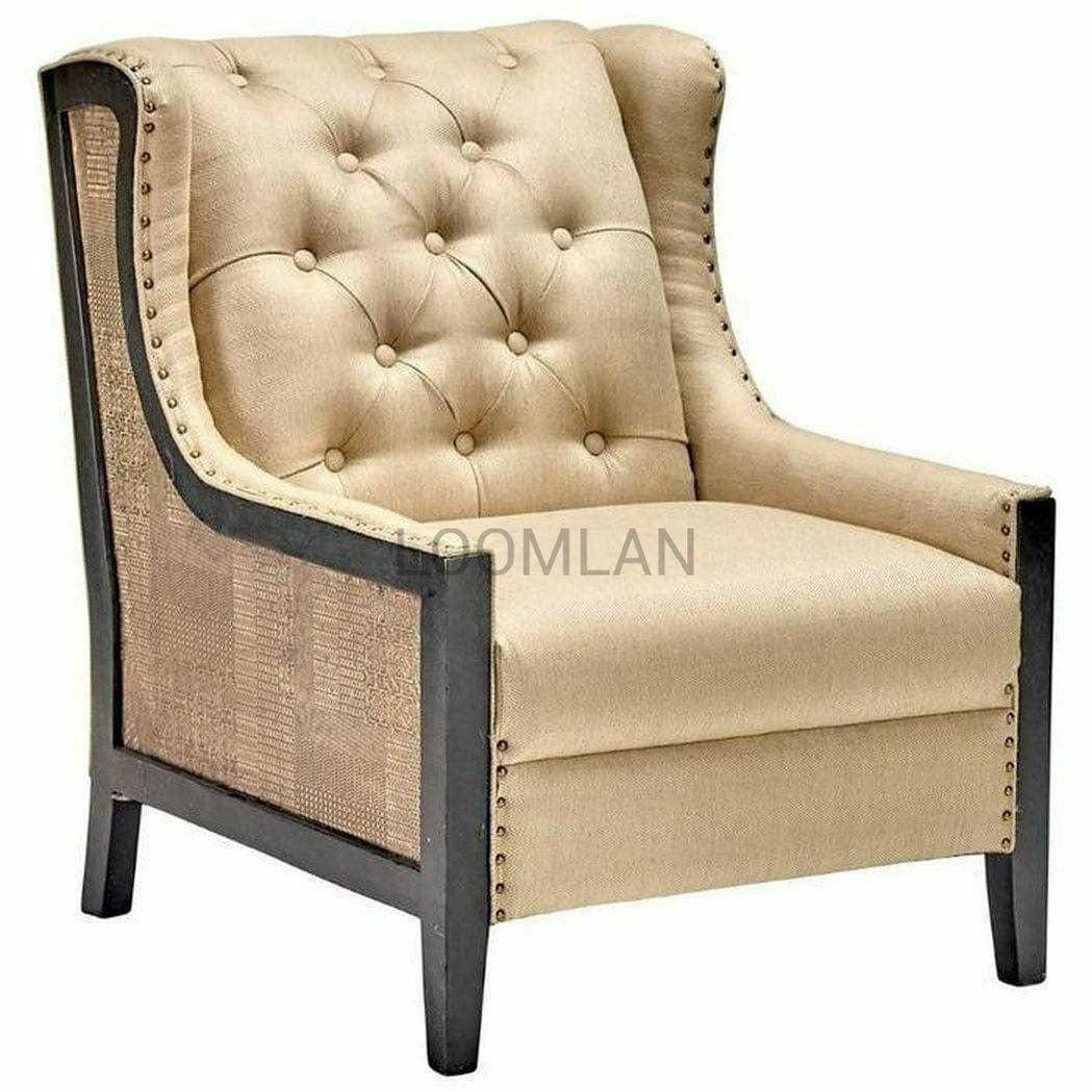 Taupe Tufted Armchair Wingback Style Nail Head Trim - Sideboards and Things Accents_Black, Accents_Natural, Accents_Tufted, Brand_LOOMLAN Home, Color_Gold, Color_Tan, Features_Exposed Wood, Finish_Nailhead Trim, Game Room, Legs Material_Wood, Product Type_Occasional Chair, Wood Species_Mango