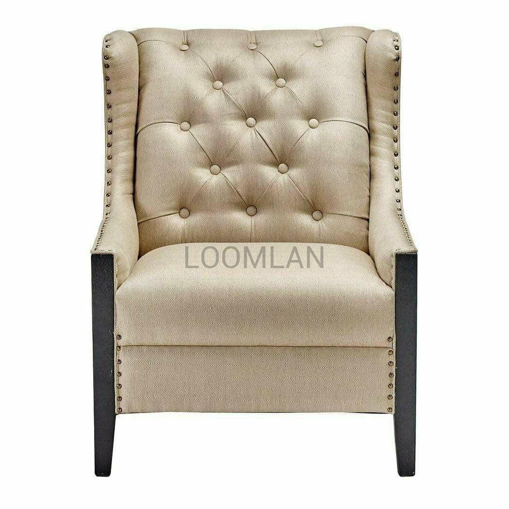 Taupe Tufted Armchair Wingback Style Nail Head Trim - Sideboards and Things Accents_Black, Accents_Natural, Accents_Tufted, Brand_LOOMLAN Home, Color_Gold, Color_Tan, Features_Exposed Wood, Finish_Nailhead Trim, Game Room, Legs Material_Wood, Product Type_Occasional Chair, Wood Species_Mango