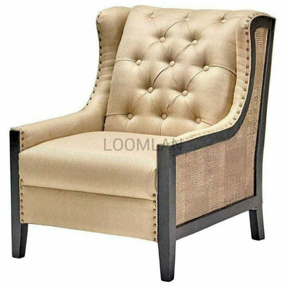 Taupe Tufted Armchair Wingback Style Nail Head Trim - Sideboards and Things Accents_Black, Accents_Natural, Accents_Tufted, Brand_LOOMLAN Home, Color_Gold, Color_Tan, Features_Exposed Wood, Finish_Nailhead Trim, Game Room, Legs Material_Wood, Product Type_Occasional Chair, Wood Species_Mango