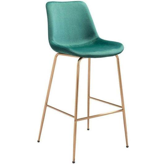 Tony Bar Chair Green & Gold - Sideboards and Things Accents_Gold, Back Type_With Back, Brand_Zuo Modern, Color_Gold, Color_Green, Depth_20-30, Finish_Polished, Height_40-50, Materials_Metal, Metal Type_Steel, Product Type_Bar Height, Upholstery Type_Fabric Blend, Upholstery Type_Polyester, Width_20-30