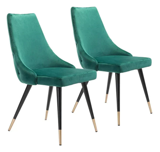 Tufted Velvet Green Dining Chair (Set of 2) Modern Dining - Sideboards and Things Accents_Black, Accents_Gold, Back Type_With Back, Brand_Zuo Modern, Color_Black, Color_Gold, Color_Green, Depth_20-30, Finish_Powder Coated, Height_30-40, Materials_Metal, Metal Type_Steel, Number of Pieces_2PC Set, Product Type_Dining Height, Upholstery Type_Fabric Blend, Upholstery Type_Polyester, Width_20-30