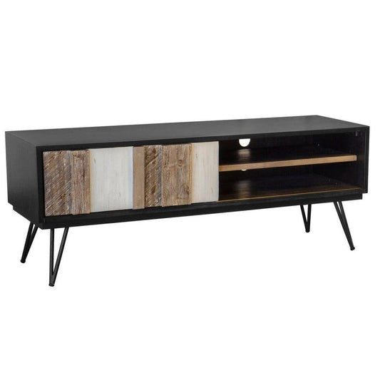 TV Stand With Sliding Doors Two Tone Wood Metro Havana Media Console - Sideboards and Things Brand_LH Imports, Color_Brown, Color_Natural, Features_Sliding Doors, Features_With Open Shelves, Finish_Rustic, Height_20-30, Legs Material_Metal, Materials_Metal, Materials_Wood, Metal Type_Iron, Product Type_TV Stand, Shelf Material_Wood, Width_50-60, Wood Species_Acacia