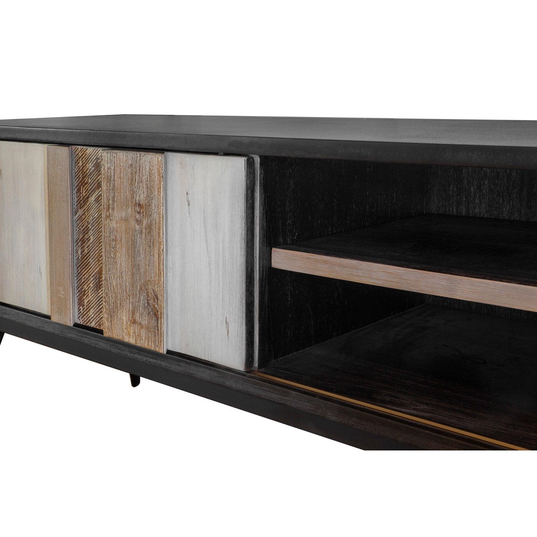 TV Stand With Sliding Doors Two Tone Wood Metro Havana Media Console - Sideboards and Things Brand_LH Imports, Color_Brown, Color_Natural, Features_Sliding Doors, Features_With Open Shelves, Finish_Rustic, Height_20-30, Legs Material_Metal, Materials_Metal, Materials_Wood, Metal Type_Iron, Product Type_TV Stand, Shelf Material_Wood, Width_50-60, Wood Species_Acacia