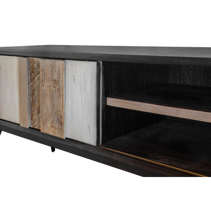 TV Stand With Sliding Doors Two Tone Wood Metro Havana Media Console - Sideboards and Things Brand_LH Imports, Color_Brown, Color_Natural, Features_Sliding Doors, Features_With Open Shelves, Finish_Rustic, Height_20-30, Legs Material_Metal, Materials_Metal, Materials_Wood, Metal Type_Iron, Product Type_TV Stand, Shelf Material_Wood, Width_50-60, Wood Species_Acacia