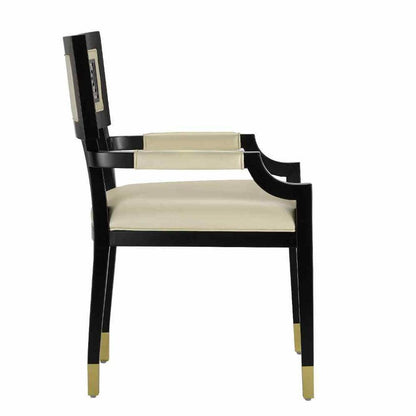 Two Tone Leather Dining Chair White and Black Caviar Barry Goralnick Collection - Sideboards and Things Accents_Brass, Accents_Two Tone, Back Type_Floating Back, Brand_Currey & Co, Color_Black, Color_Ivory, Finish_Brass, Legs Material_Wood, Materials_Upholstery, Product Type_Occasional Chair, Upholstery Type_Leather, Wood Species_Beech