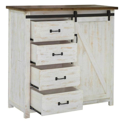 Two-Tone White Reclaimed Wood Provence 4 Drawer Chest With 1 Door - Sideboards and Things Accents_Two Tone, Brand_LH Imports, Color_White, Features_Repurposed Materials, Features_Sliding Doors, Finish_Natural, Finish_Rustic, Materials_Reclaimed Wood, Materials_Wood, Wood Species_Pine