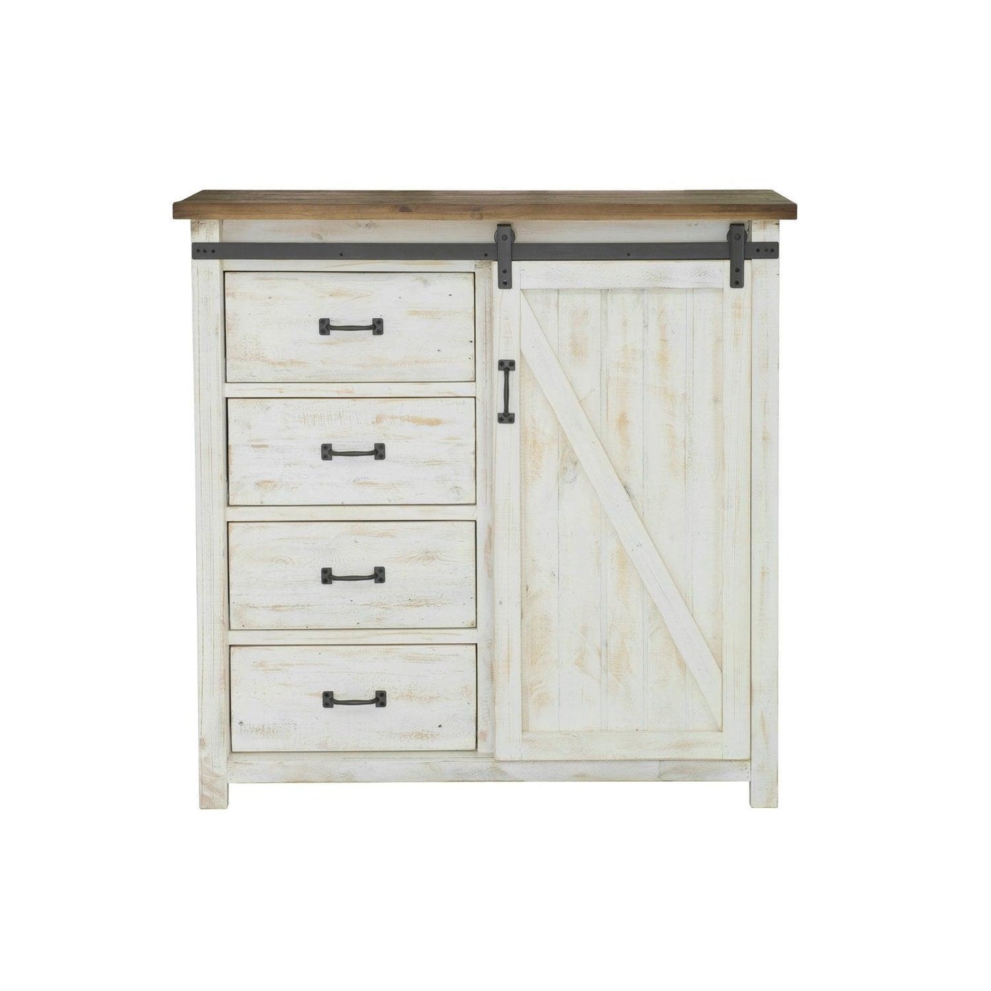 Two-Tone White Reclaimed Wood Provence 4 Drawer Chest With 1 Door - Sideboards and Things Accents_Two Tone, Brand_LH Imports, Color_White, Features_Repurposed Materials, Features_Sliding Doors, Finish_Natural, Finish_Rustic, Materials_Reclaimed Wood, Materials_Wood, Wood Species_Pine