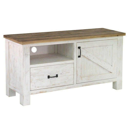 Two Tone White TV Stand With Drawers and Shelves Solid Wood Small Media Console - Sideboards and Things Brand_LH Imports, Color_White, Features_Repurposed Materials, Features_With Open Shelves, Finish_Natural, Finish_Rustic, Height_20-30, Legs Material_Wood, Materials_Reclaimed Wood, Materials_Wood, Product Type_TV Stand, Shelf Material_Wood, Width_40-50, Wood Species_Pine