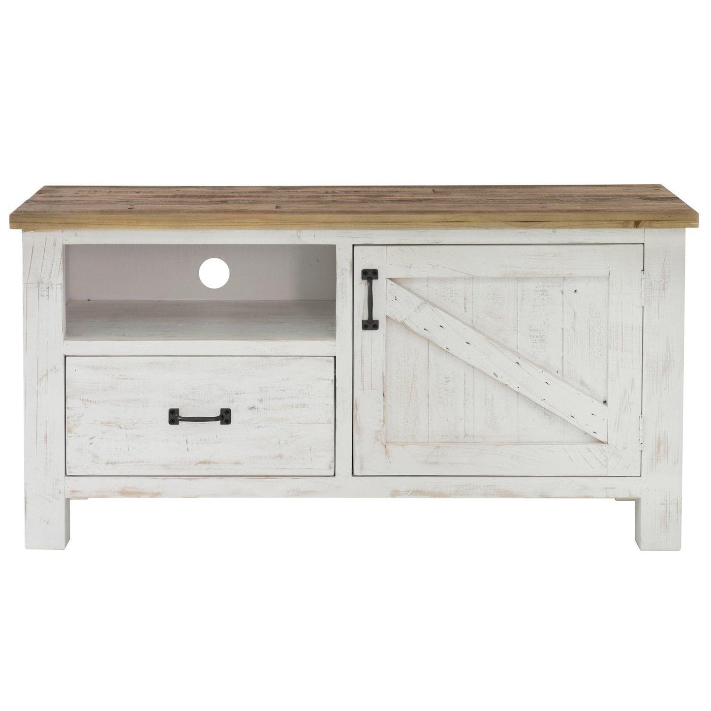 Two Tone White TV Stand With Drawers and Shelves Solid Wood Small Media Console - Sideboards and Things Brand_LH Imports, Color_White, Features_Repurposed Materials, Features_With Open Shelves, Finish_Natural, Finish_Rustic, Height_20-30, Legs Material_Wood, Materials_Reclaimed Wood, Materials_Wood, Product Type_TV Stand, Shelf Material_Wood, Width_40-50, Wood Species_Pine