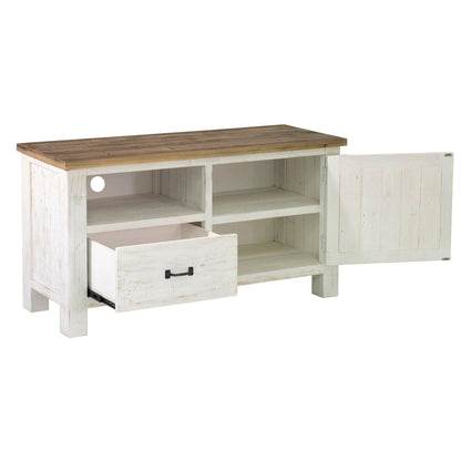 Two Tone White TV Stand With Drawers and Shelves Solid Wood Small Media Console - Sideboards and Things Brand_LH Imports, Color_White, Features_Repurposed Materials, Features_With Open Shelves, Finish_Natural, Finish_Rustic, Height_20-30, Legs Material_Wood, Materials_Reclaimed Wood, Materials_Wood, Product Type_TV Stand, Shelf Material_Wood, Width_40-50, Wood Species_Pine