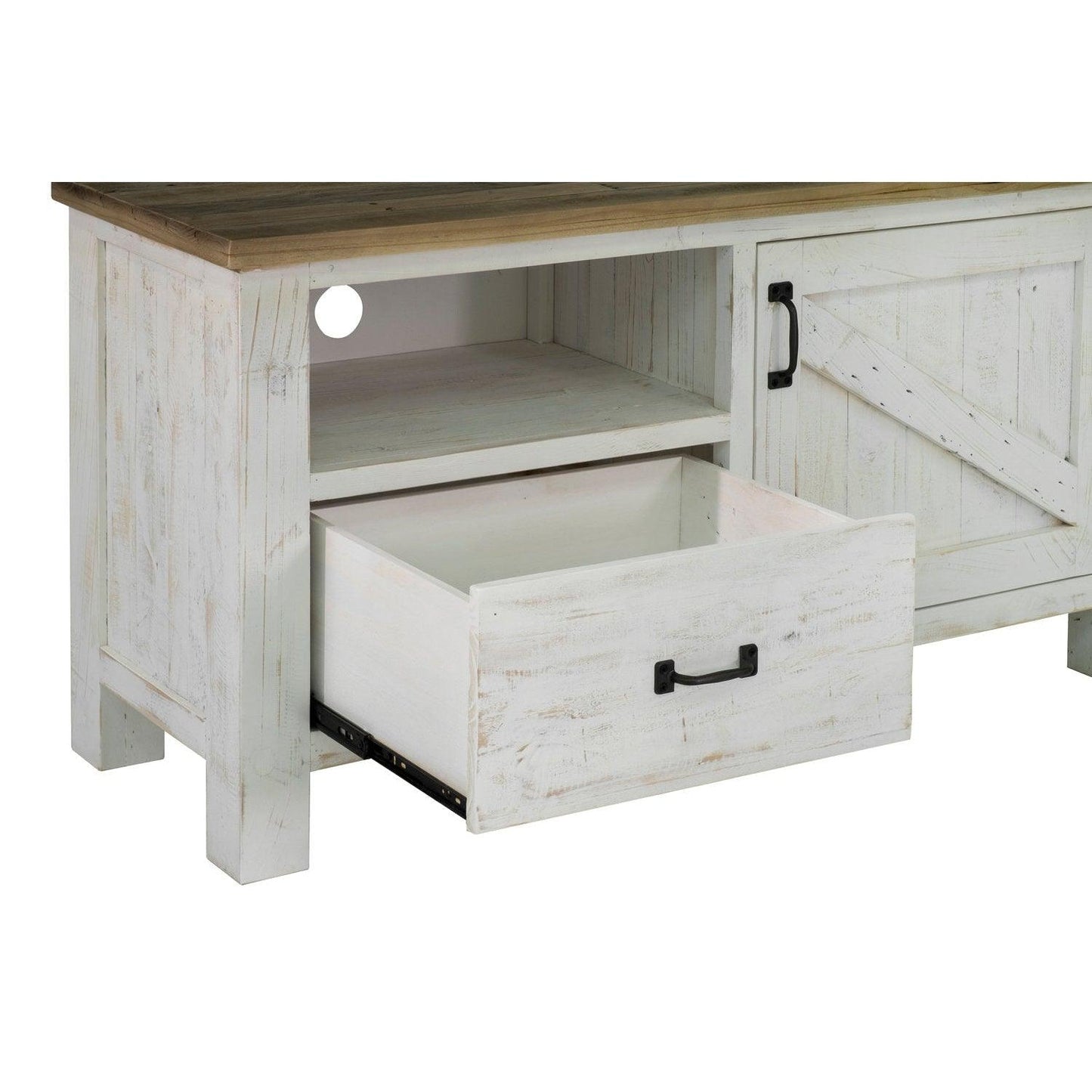 Two Tone White TV Stand With Drawers and Shelves Solid Wood Small Media Console - Sideboards and Things Brand_LH Imports, Color_White, Features_Repurposed Materials, Features_With Open Shelves, Finish_Natural, Finish_Rustic, Height_20-30, Legs Material_Wood, Materials_Reclaimed Wood, Materials_Wood, Product Type_TV Stand, Shelf Material_Wood, Width_40-50, Wood Species_Pine