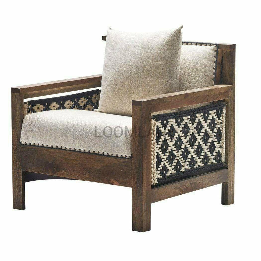 Unique Boho Chic Accent Chair With Throw Pillow Dark Base - Sideboards and Things Accents_Natural, Brand_LOOMLAN Home, Color_Black, Color_Brown, Color_Tan, Features_Exposed Wood, Legs Material_Wood, Materials_Rope, Product Type_Club Chair, Upholstery Type_Rope, Wood Species_Mango