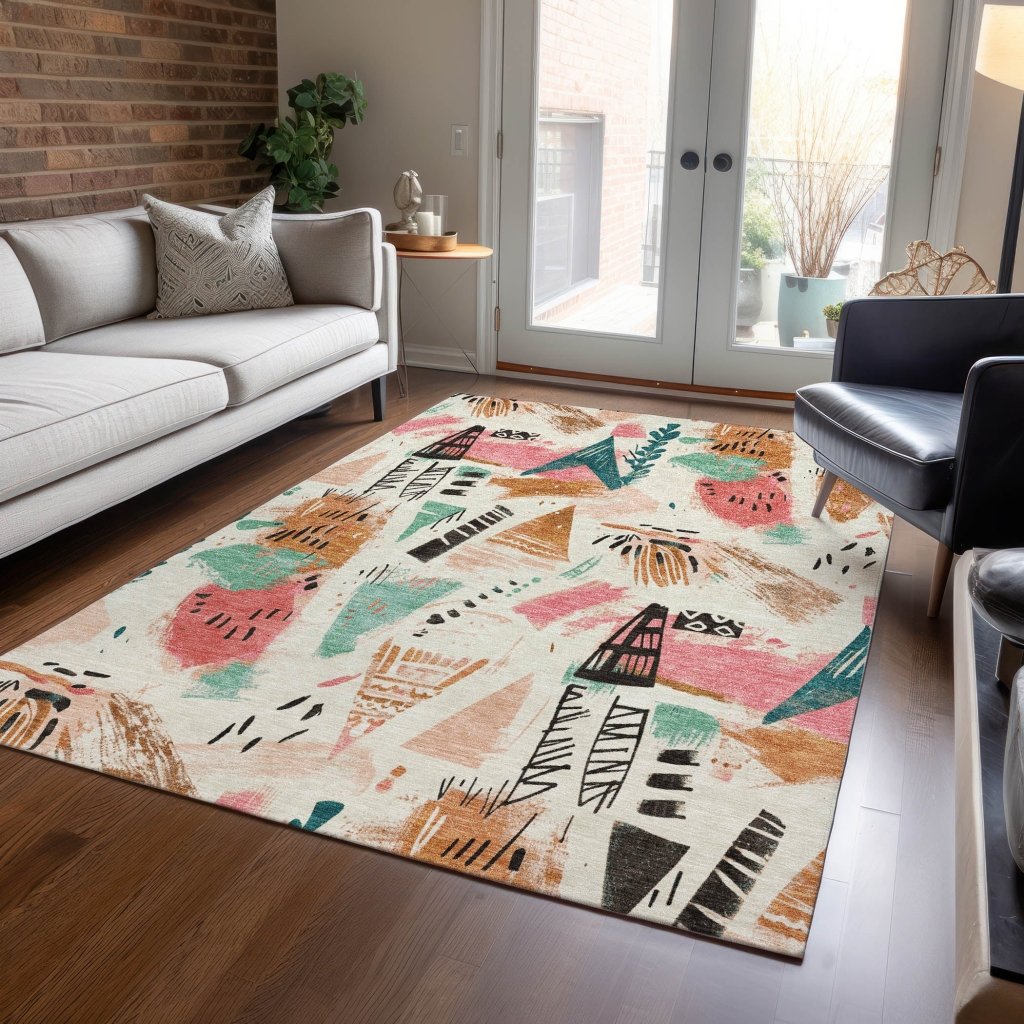 LOOMLAN Rugs Veldorah Ivory Washable Indoor-Outdoor Rug