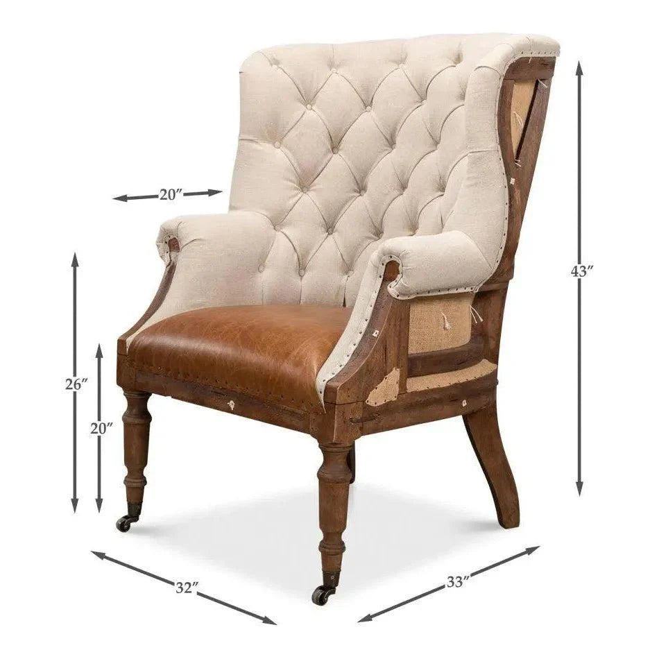Welsh Beige Wing Accent Chair Linen, Burlap, Leather - LOOMLAN - Sarreid - Accent Chairs