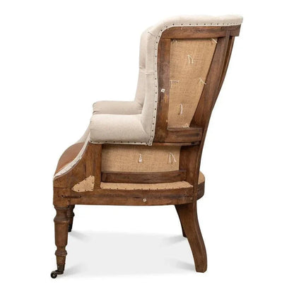 Welsh Beige Wing Accent Chair Linen, Burlap, Leather - LOOMLAN - Sarreid - Accent Chairs