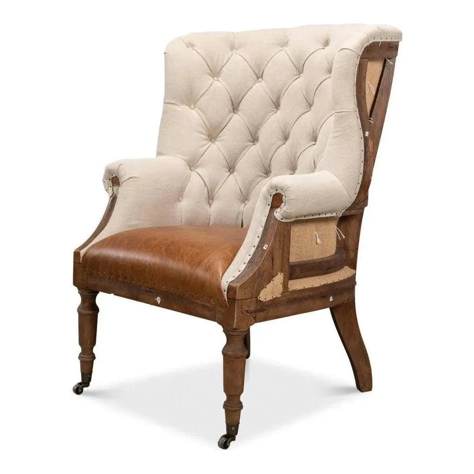 Welsh Beige Wing Accent Chair Linen, Burlap, Leather - LOOMLAN - Sarreid - Accent Chairs