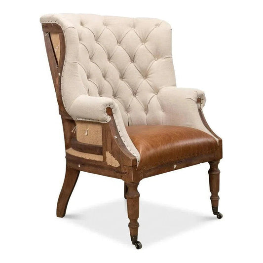 Sarreid Welsh Beige Wing Accent Chair Linen, Burlap, Leather