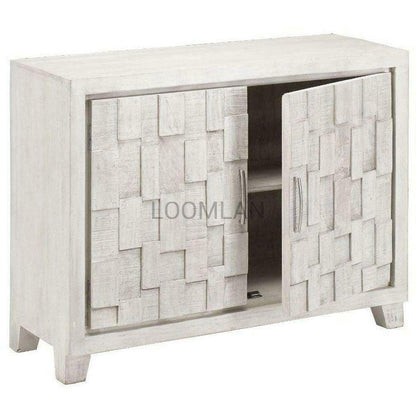 White Accent Cabinet Small Sideboard Hand Carved Door - Sideboards and Things Brand_LOOMLAN Home, Color_White, Features_Handmade, Features_Handmade/Handcarved, Features_Repurposed Materials, Features_With Drawers, Finish_Chrome, Finish_Whitewashed, Height_30-40, Legs Material_Wood, Materials_Metal, Materials_Wood, Metal Type_Chrome, Metal Type_Steel, Shelf Material_Wood, Width_40-50, Wood Species_Mango