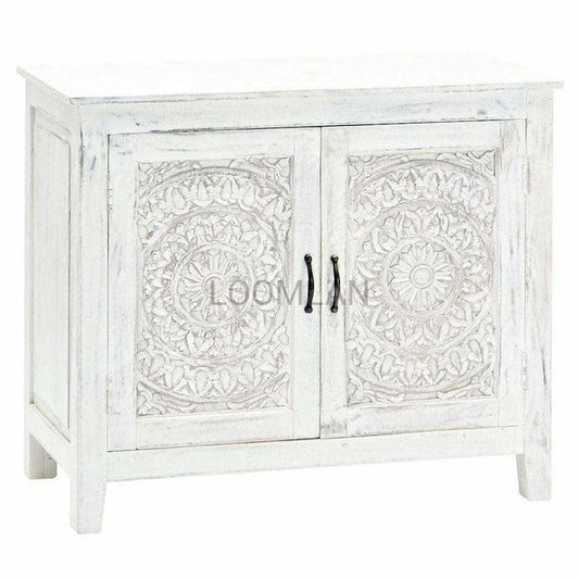 White Bohemian Hand Carved Accent Cabinet - Sideboards and Things Brand_LOOMLAN Home, Color_White, Features_Handmade, Features_Handmade/Handcarved, Features_Repurposed Materials, Finish_Distressed, Finish_Whitewashed, Height_30-40, Legs Material_Wood, Materials_Wood, Width_30-40, Wood Species_Mango