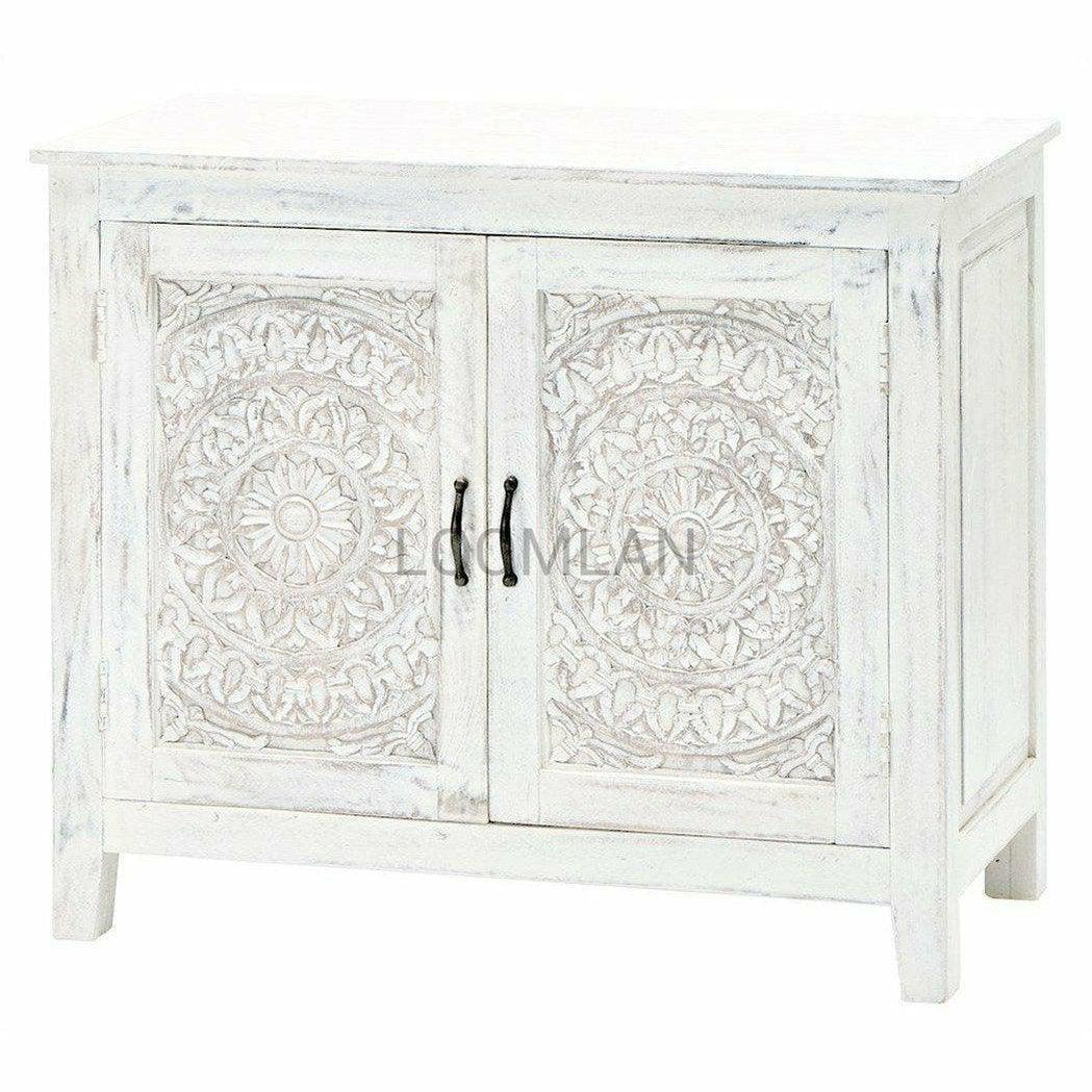 White Bohemian Hand Carved Accent Cabinet - Sideboards and Things Brand_LOOMLAN Home, Color_White, Features_Handmade, Features_Handmade/Handcarved, Features_Repurposed Materials, Finish_Distressed, Finish_Whitewashed, Height_30-40, Legs Material_Wood, Materials_Wood, Width_30-40, Wood Species_Mango