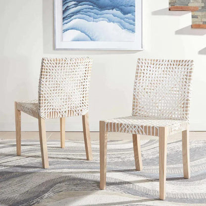White Leather Woven Lulua Dining Chair Teak Wood - LOOMLAN - Artesia - Dining Chairs