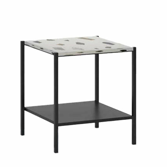 White Square Side Table With Shelves Metal Frame - Sideboards and Things Accents_Black, Brand_LH Imports, Color_White, Features_With Open Shelves, Finish_Antiqued, Materials_Metal, Materials_Stone, Metal Type_Iron, Product Type_Side Table, Shape_Square, Stone Type_Terrazzo, Table Base_Metal, Table Top_Stone, Width_20-30