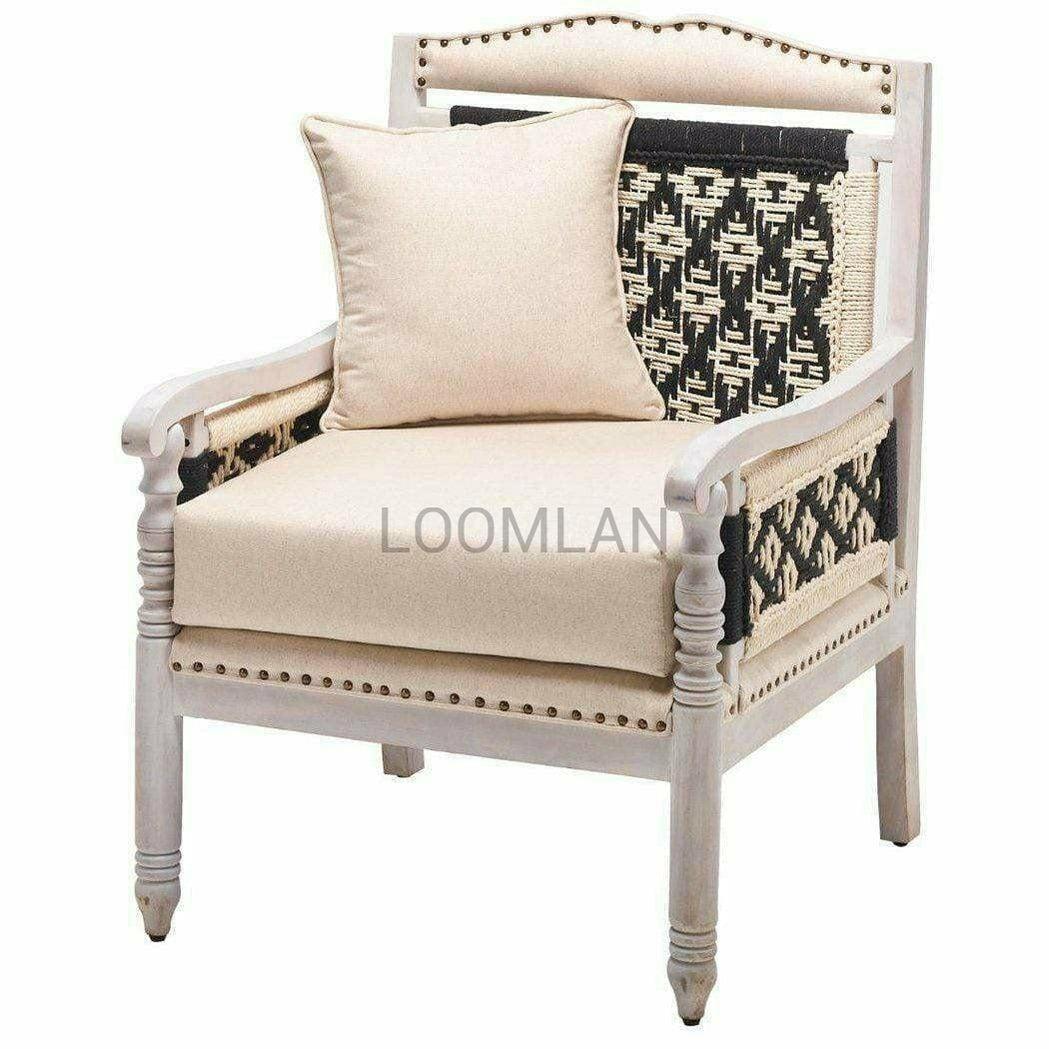 White Wash Base Rope Woven Upholstered Accent Chair Cream - Sideboards and Things Accents_Natural, Brand_LOOMLAN Home, Color_Beige, Color_Black, Color_Tan, Color_White, Features_Exposed Wood, Features_Handmade, Features_Handmade/Handcarved, Features_Repurposed Materials, Finish_Nailhead Trim, Game Room, Legs Material_Wood, Materials_Rope, Product Type_Occasional Chair, Upholstery Type_Rope, Wood Species_Mango